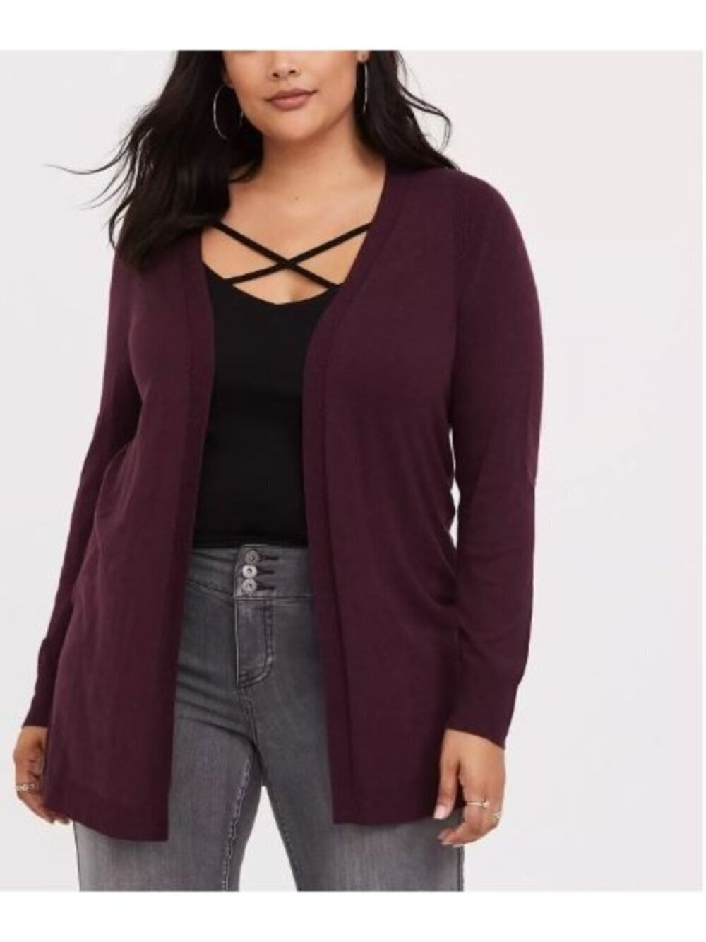 Torrid Cardigan Sweater Womens 2X Maroon Pointelle Open Front Lightweight